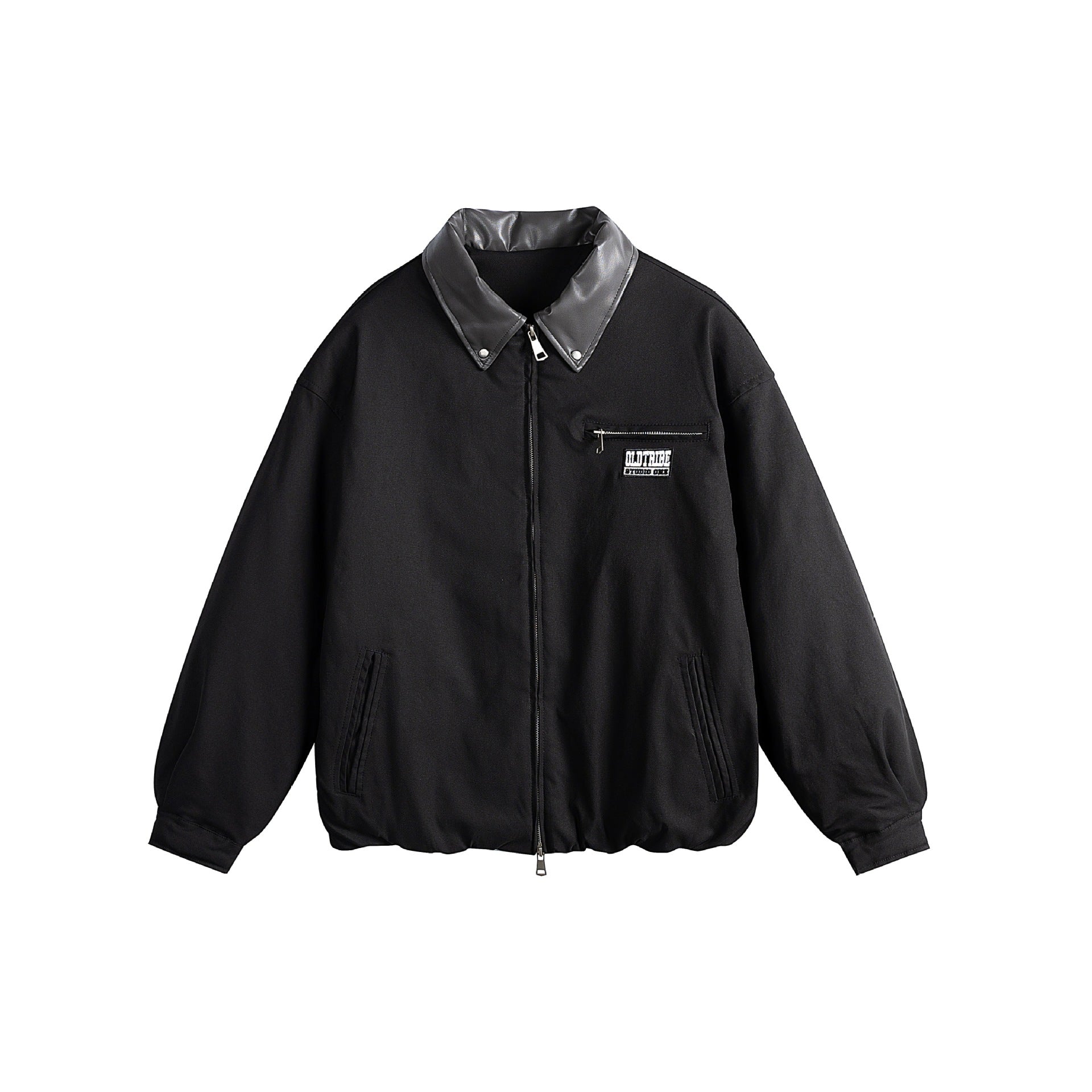 Unisex Oversized Blouson Jacket with Faux Leather Shawl Collar, Two-Way Zipper and Elastic Hem Chichicherry