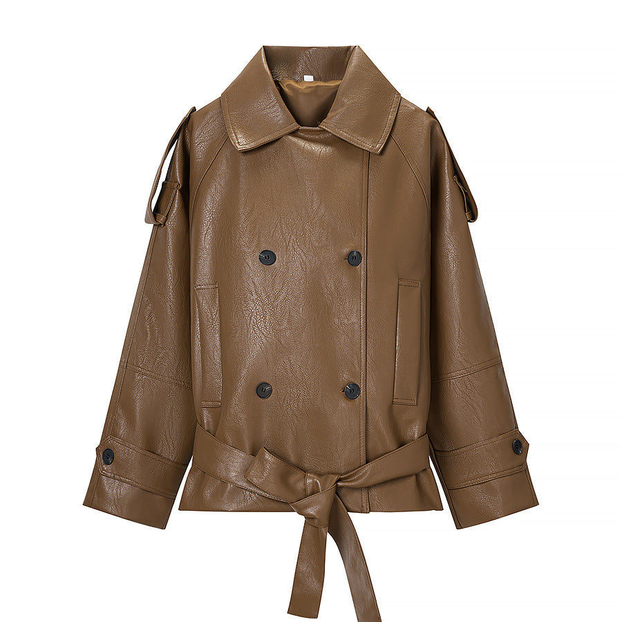 Women's Short Cut Faux Leather Trench Coat with Tie Belt and Shoulder Straps Chichicherry