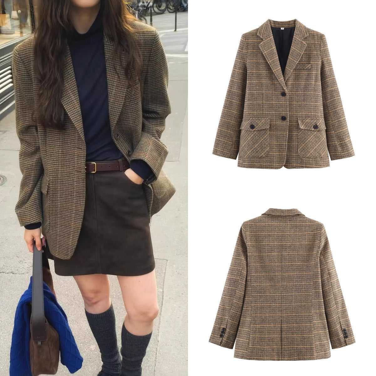 Women's Glencheck Blazer with Notch Lapels, Patch Pockets and Tailored Silhouette Chichicherry