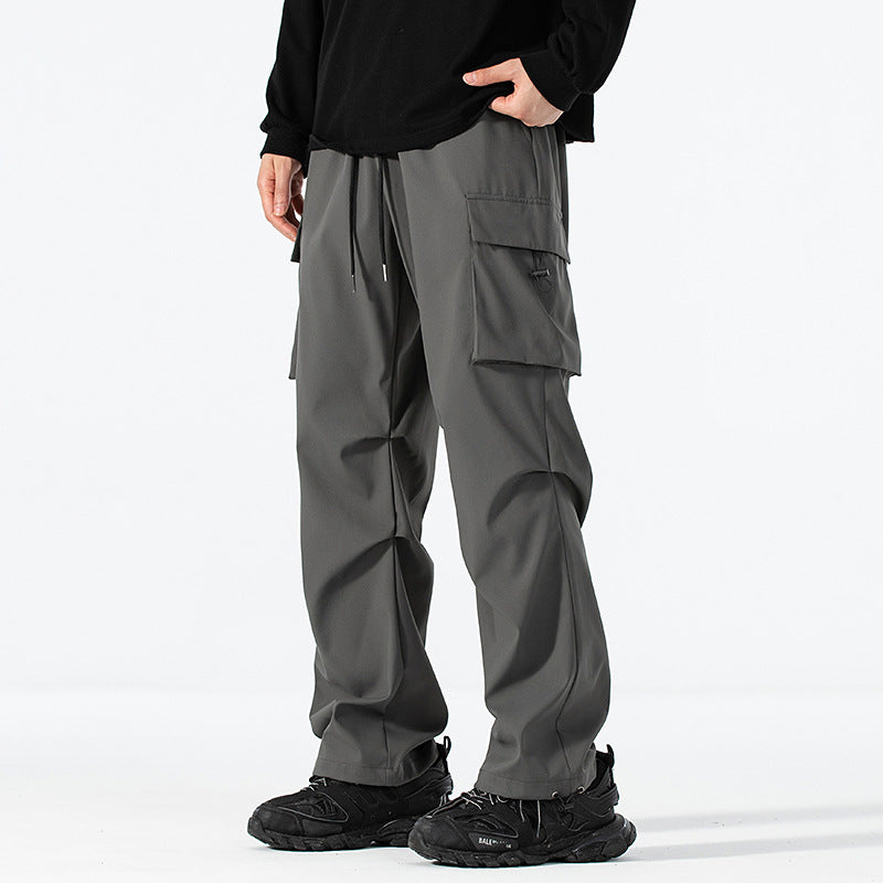 Men's Loose-Fitting Cargo Utility Pants with Drawstring Waist and Multiple Pockets Chichicherry