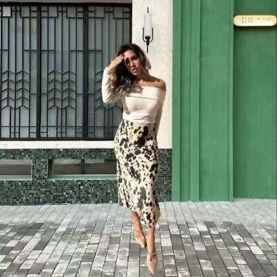 Women's Long Satin Skirt in Bias Cut with Abstract Animal Print Chichicherry