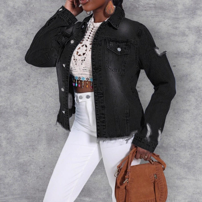 Women's Distressed Denim Jacket with Frayed Hem and Relaxed Fit Chichicherry