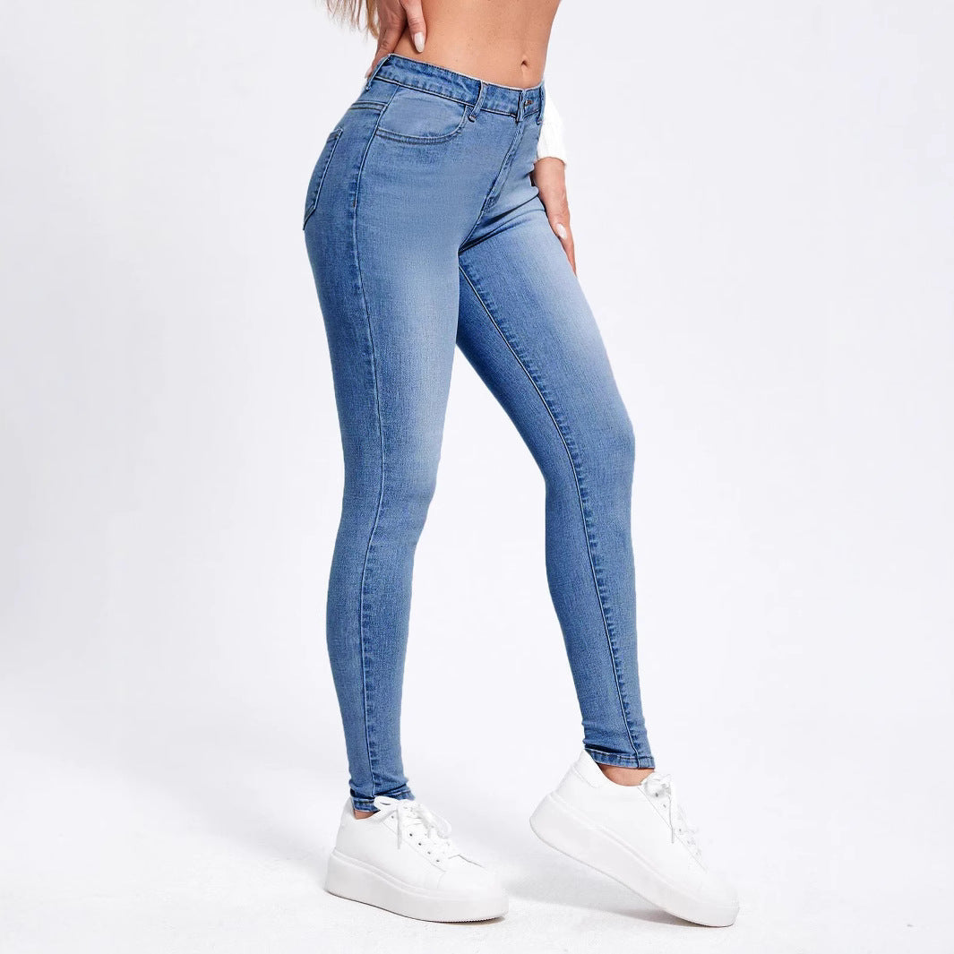 Women High-Cut Elastic Skinny Jeans with High Waist and Slim Fit Chichicherry