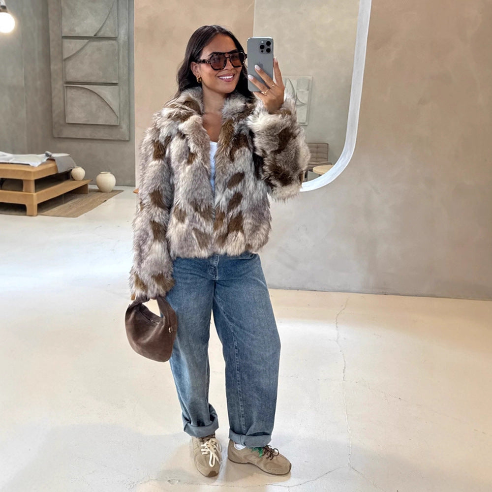 Women's Boxy Short Jacket made of Woven Fur with Natural Fur Look and Wide Shawl Collar Chichicherry