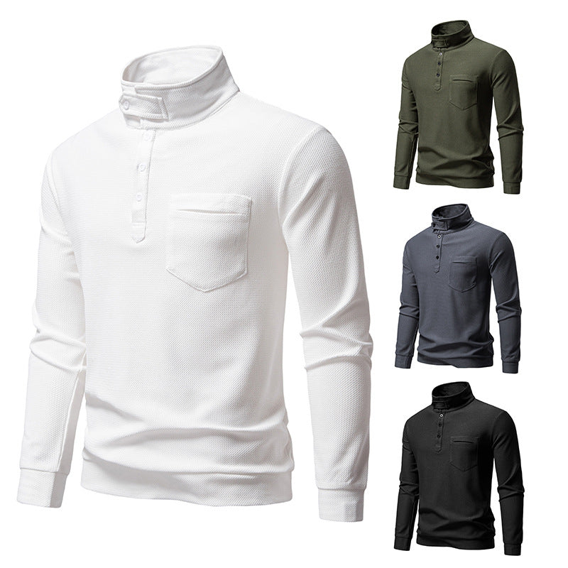 Men's Textured Waffle Knit Henley Shirt with High Collar, Button Placket and Chest Pocket Chichicherry