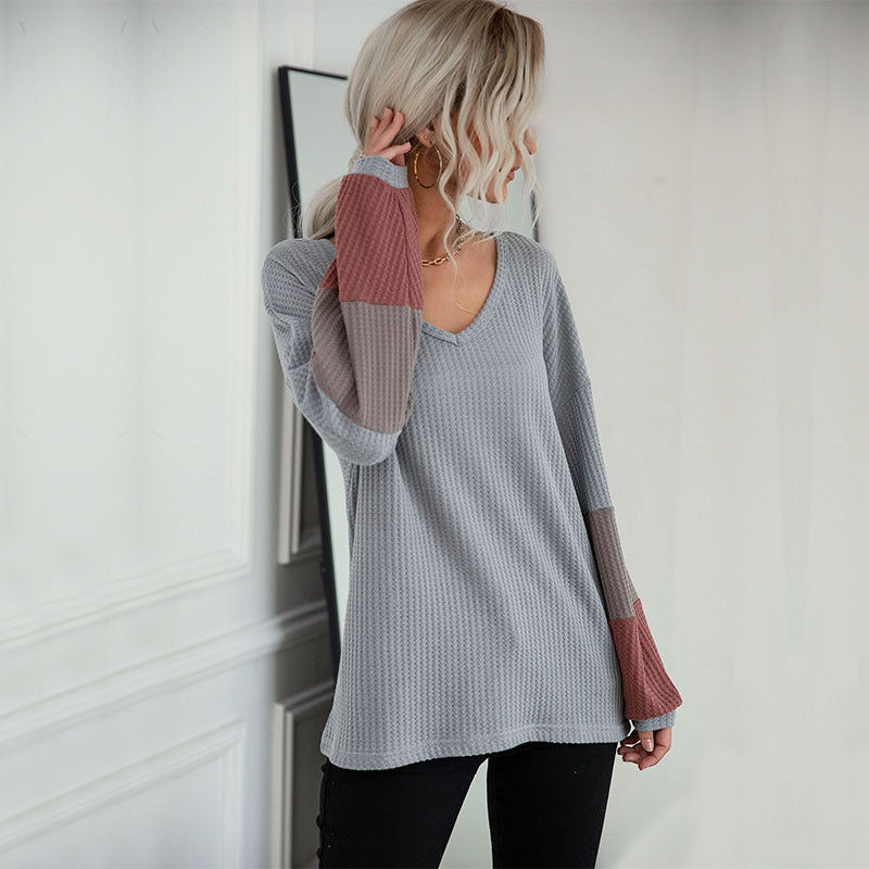 Women's Loose Waffle Knit Shirt with V-Neck and Colorblock Sleeves Chichicherry