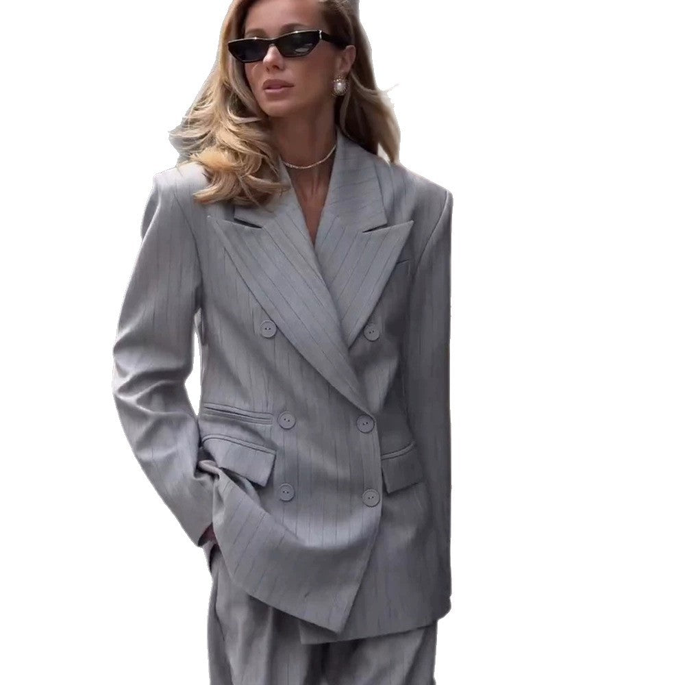 Women's Oversized Double-Breasted Blazer Set with Pinstripes and Wide Pleated Trousers Chichicherry
