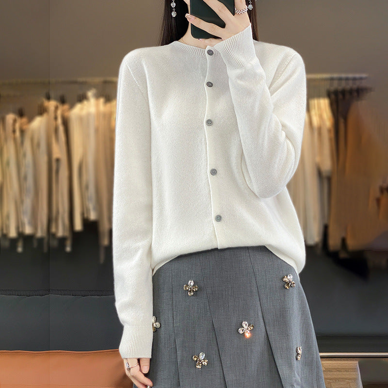 Women's Lightweight Fine Knit Cardigan with Cashmere Look, Round Neckline and Concealed Button Placket Chichicherry