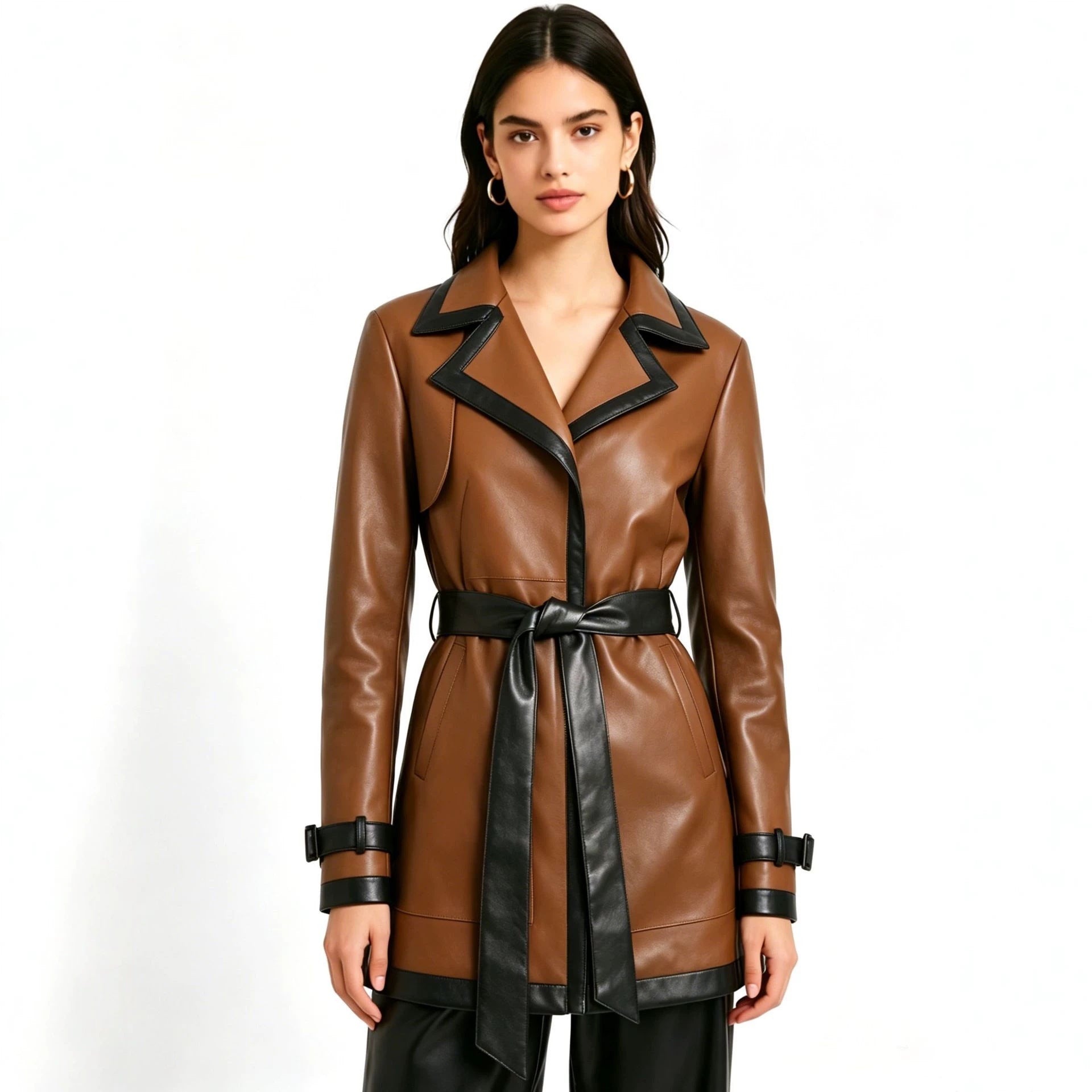Women's fitted faux leather trench coat with contrast trim and tie belt Chichicherry