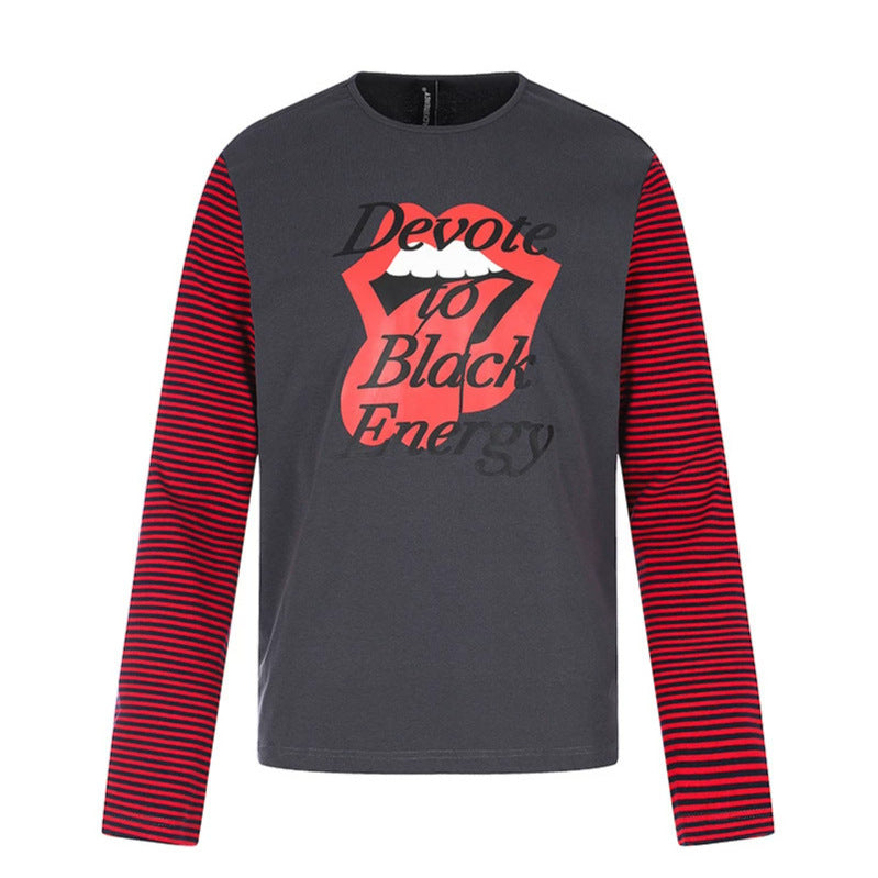 Men's Long Sleeve Shirt with Contrast Stripe Sleeves and Large Lip Statement Print Chichicherry