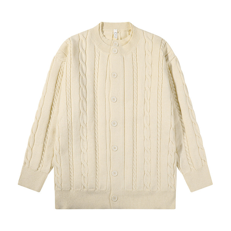 Unisex Übergroße Zopfmuster-Strickjacke mit Knopfleiste und Rundhalsausschnitt Chichicherry