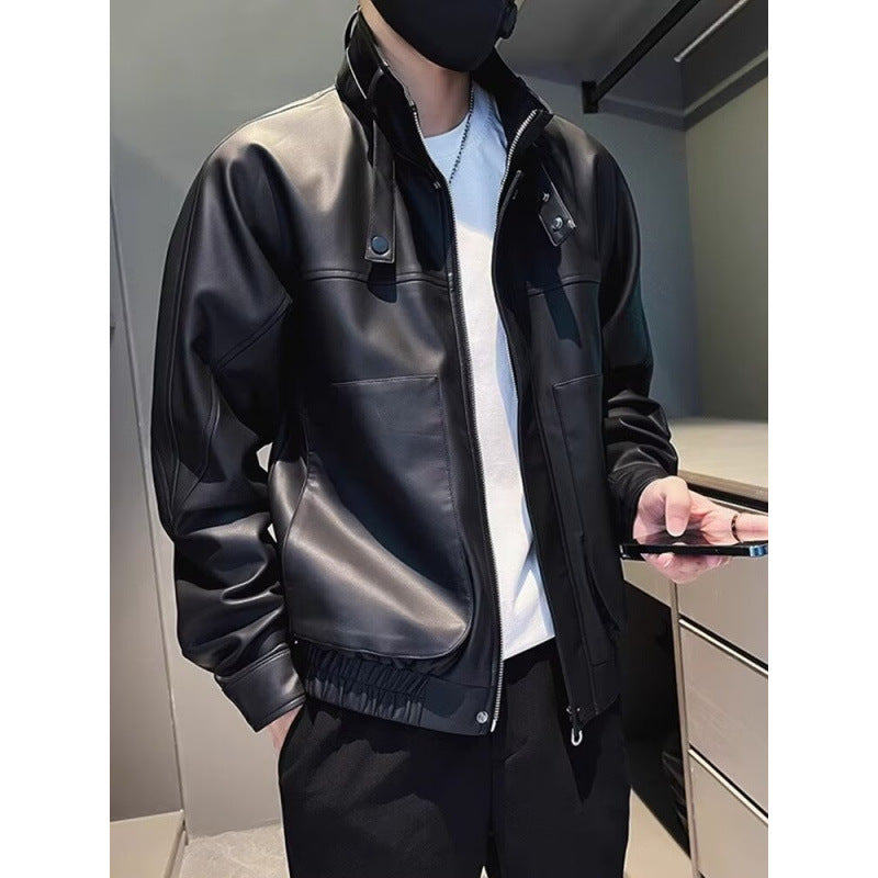 Herren Biker-inspirierte Kunstleder-Bomberjacke mit Stehkragen und elastischem Saum Chichicherry