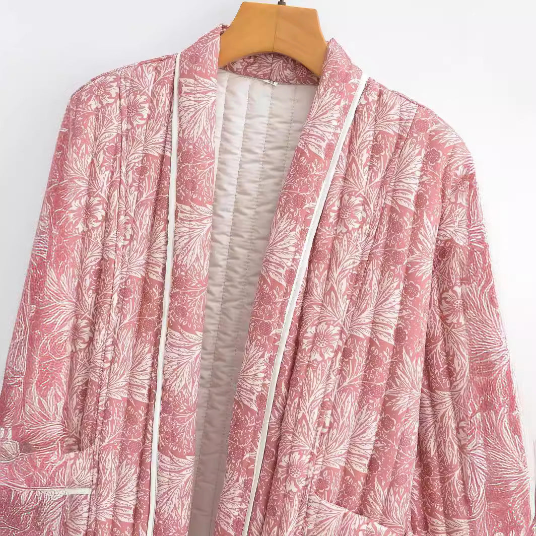 Women Light Quilted Jacket in Kimono Style with Floral Block Print and Contrast Piping Chichicherry