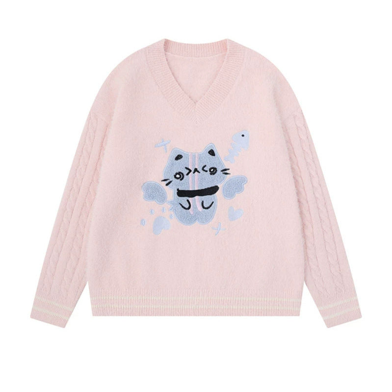 Women's V-neck knitted sweater with cable sleeves and chenille cat motif Chichicherry