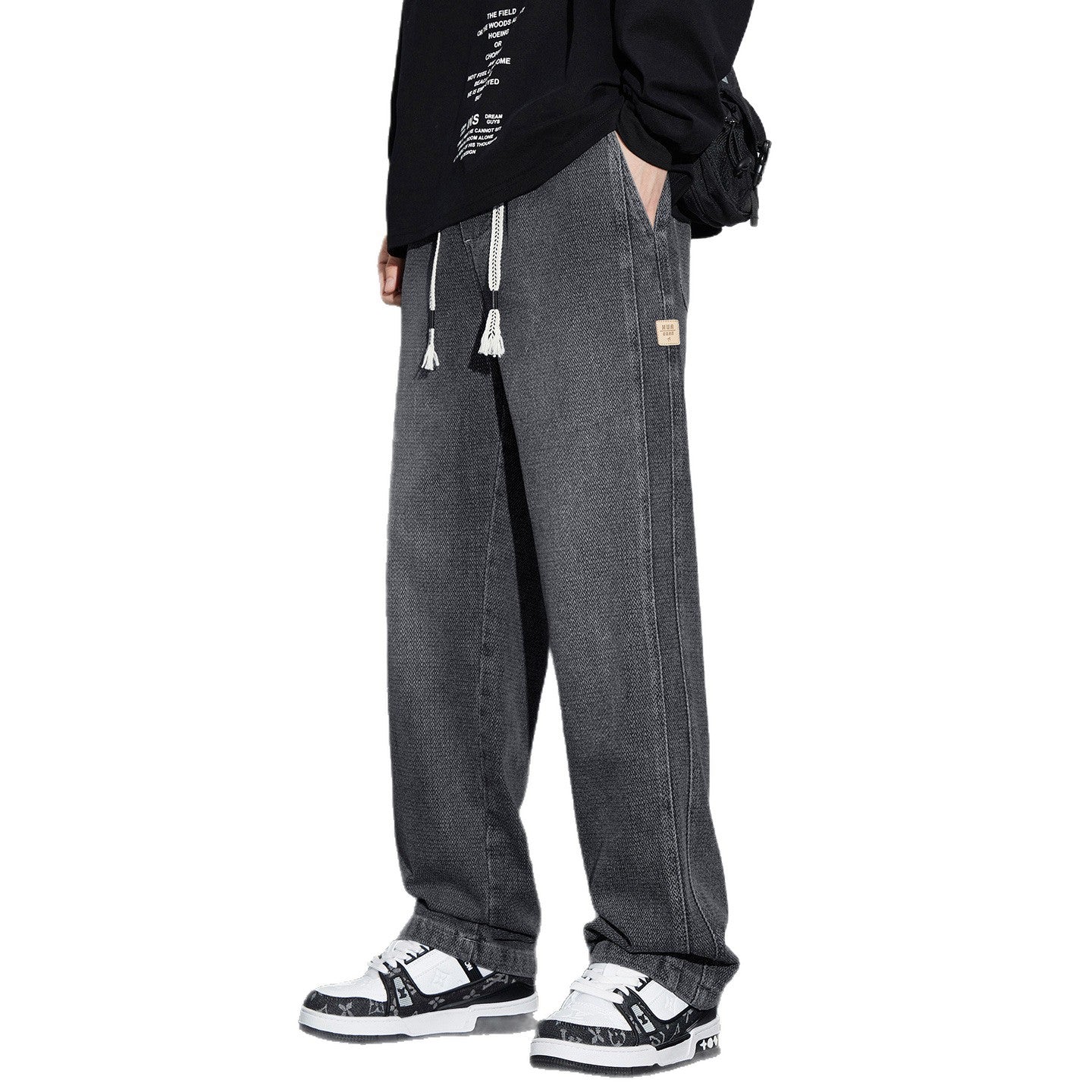 Men's Wide Denim Jogging Pants with Woven Drawstring and Herringbone Texture Chichicherry
