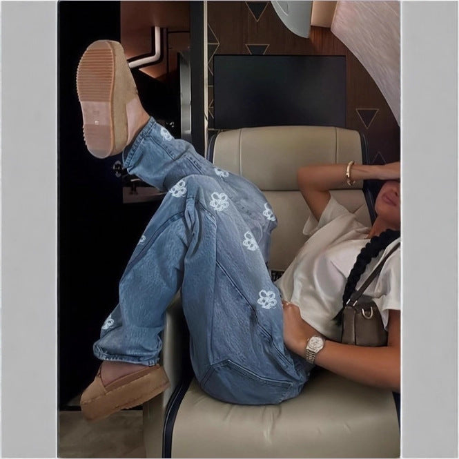 Ladies High-Waist Wide-Leg Denim Jeans with Floral Allover Embroidery Chichicherry