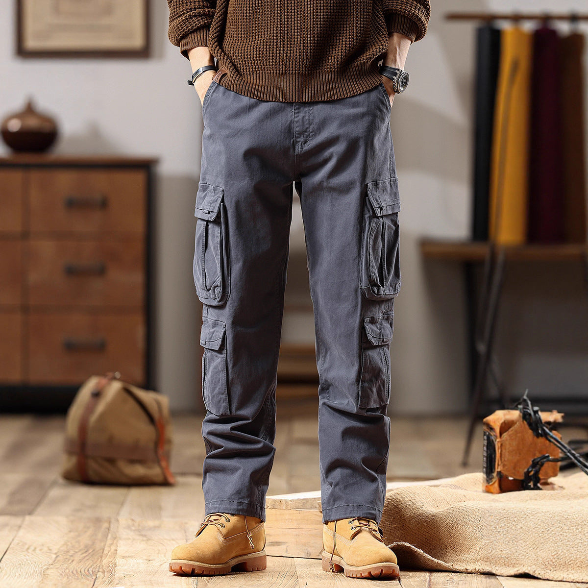 Men's Robust Cargo Pants made of Cotton Twill with Multiple Pockets Chichicherry