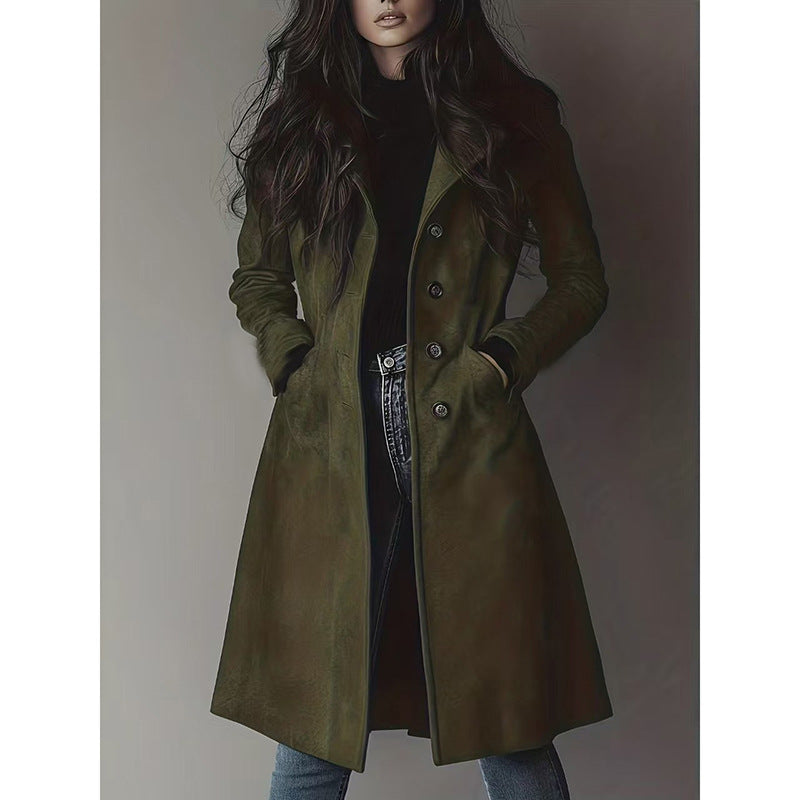 Women's Elegant Long Coat in A-Line Cut with Single-Breasted Button Placket Chichicherry