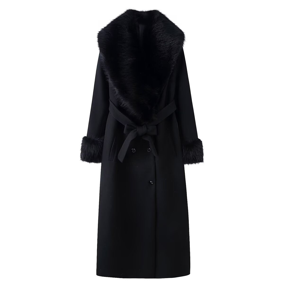 Women Longer Elegant Wool Blend Coat with Wide Faux Fur Collar, Belt and Fur Cuffs Chichicherry