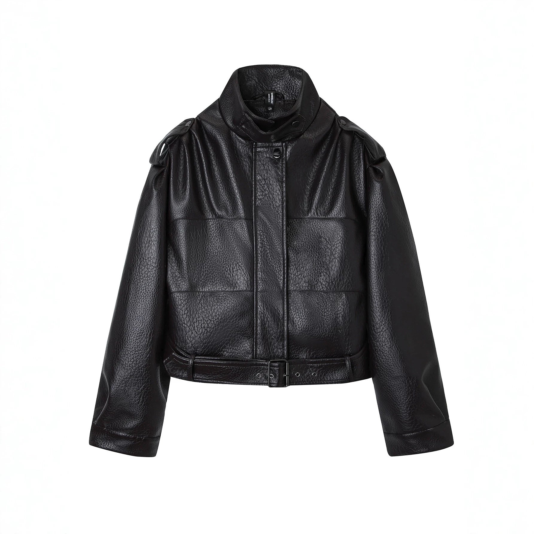 Women's short jacket in utility look made of structured faux leather with high stand-up collar and adjustable waist belt Chichicherry