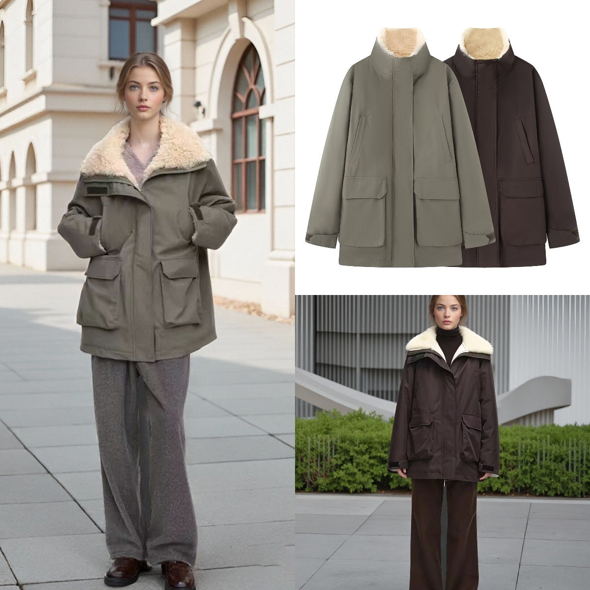 Women's Padded Parka Jacket with High Teddy Collar and Flap Pockets Chichicherry