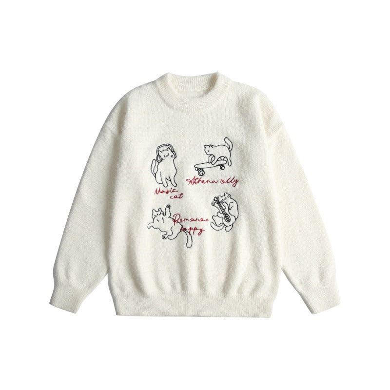 Women's soft sweater with playful cat embroidery and slight standing collar Chichicherry