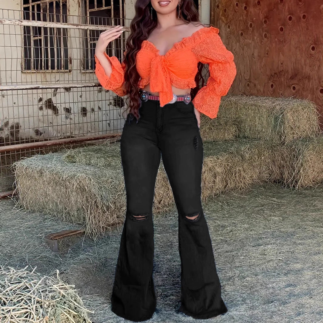 Women's High-Waist Bootcut Jeans with Knee Rips and Figure-Hugging Sculpting Cut Chichicherry