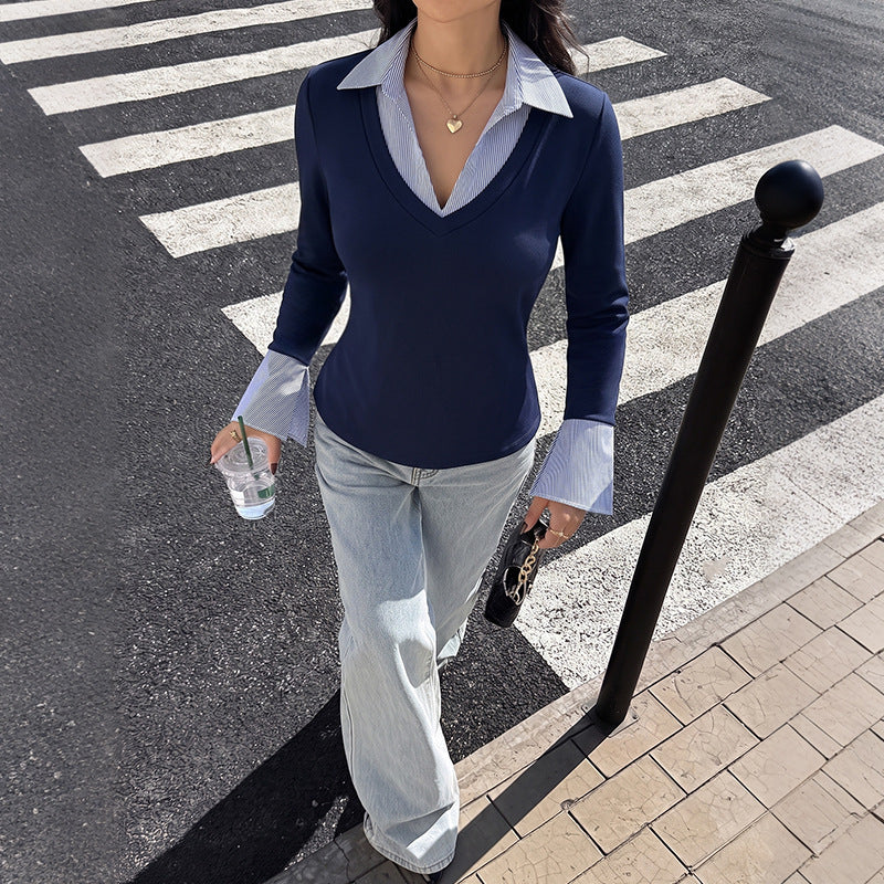 Women Fitted Layering Long Sleeve Shirt with Shirt Collar and Flared Cuffs Chichicherry