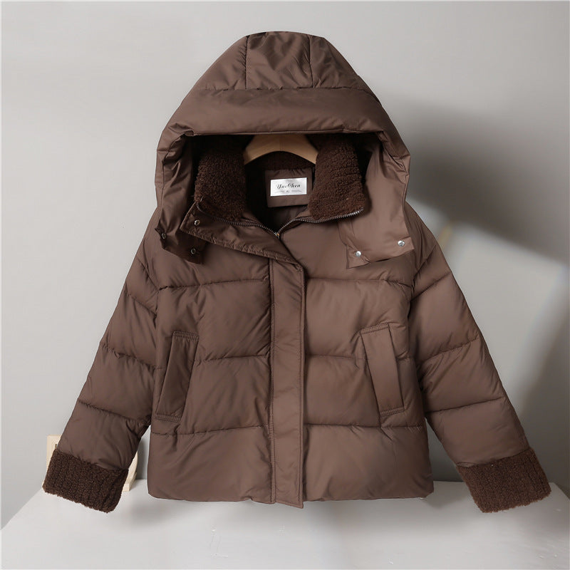 Womens non-padded short jacket in boxy cut with sherpa collar and adjustable drawstring hem Chichicherry