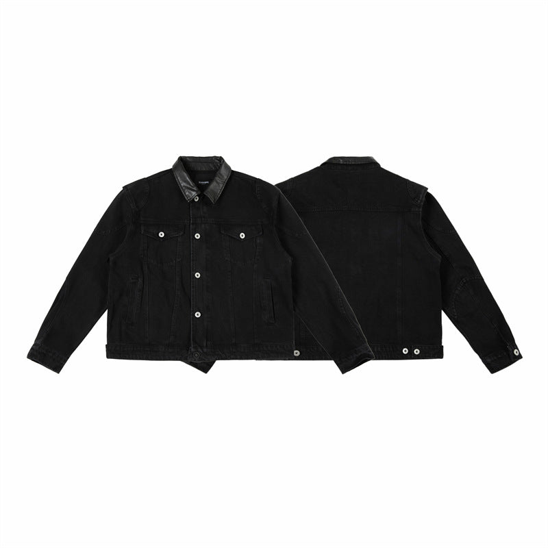 Men's Boxy Denim Jacket with Faux Leather Collar and Visible Metal Buttons Chichicherry