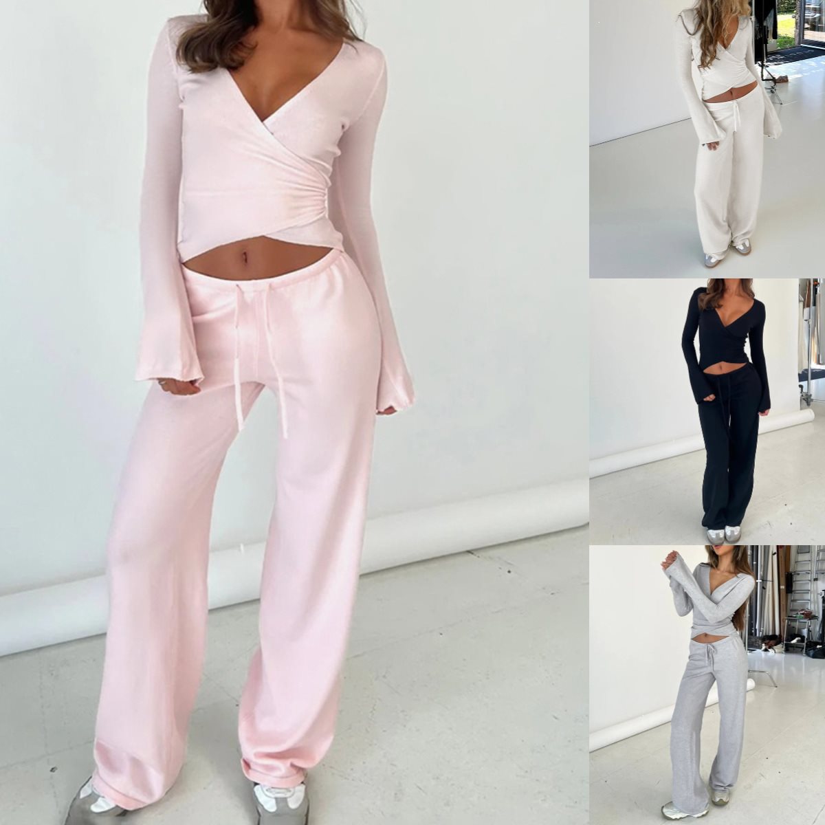 Women Wide High-Waist Lounge Pants made of Fine Knit with Drawstring Chichicherry