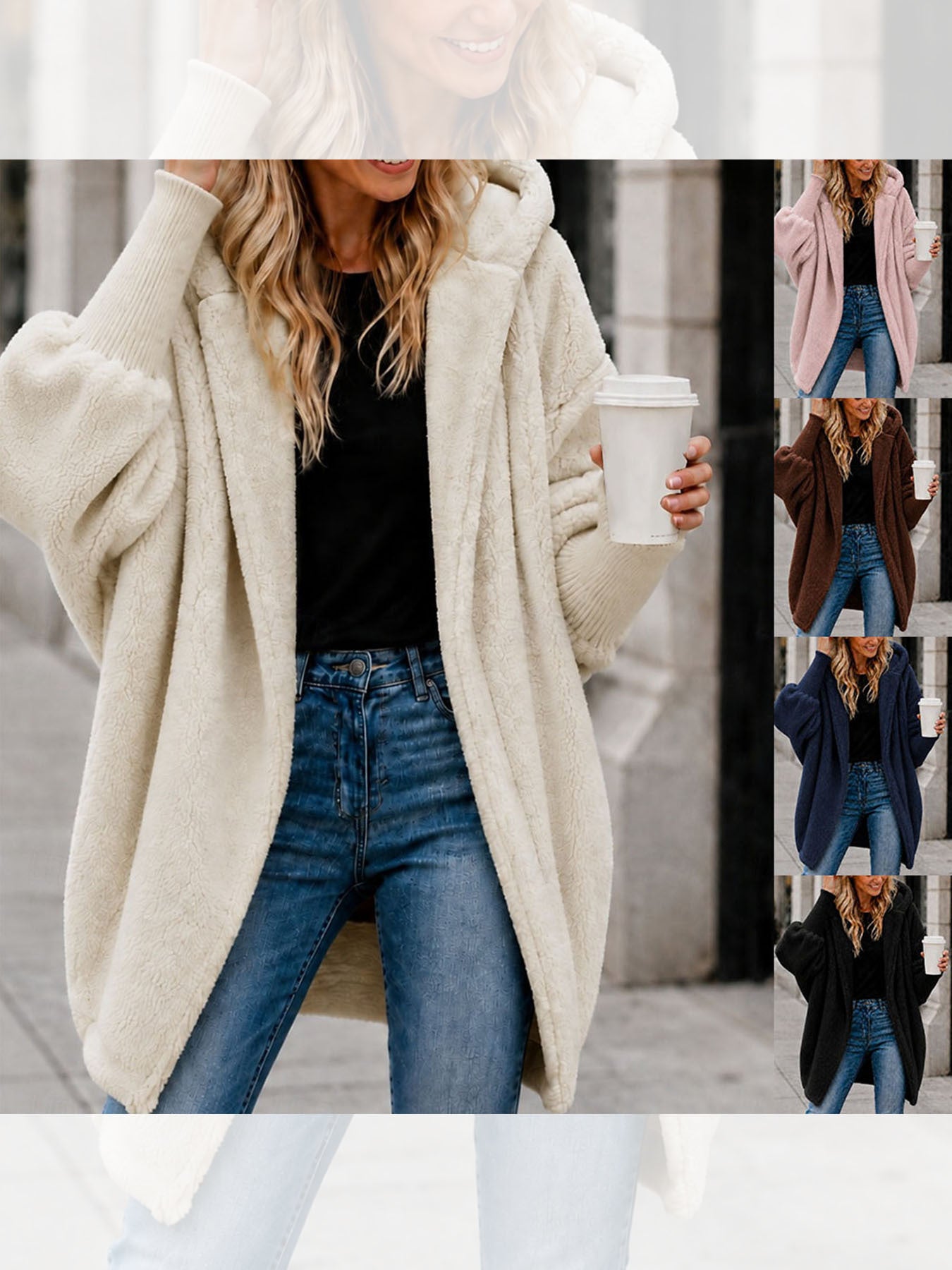Women Oversized Sherpa Hooded Coat with Open Hem and Ribbed Cuffs Chichicherry