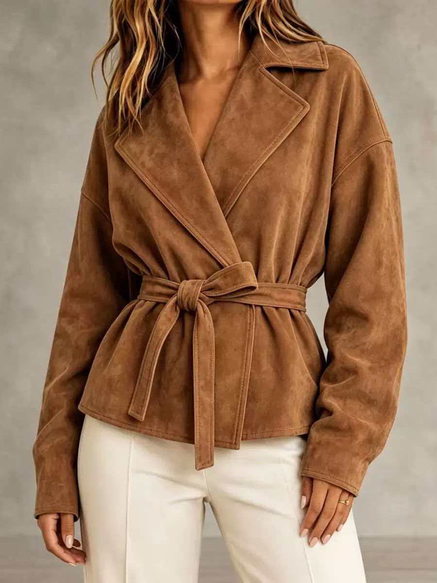 Women's Suede Blazer with Wrap Belt and Oversized Sleeves Chichicherry