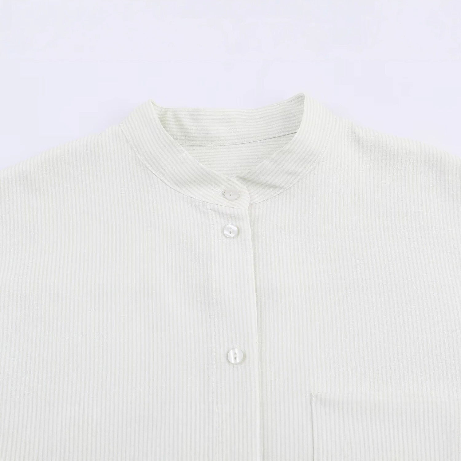 Women Oversize Shirt Blouse with Stand Collar, Chest Pocket and Curved Hem Chichicherry