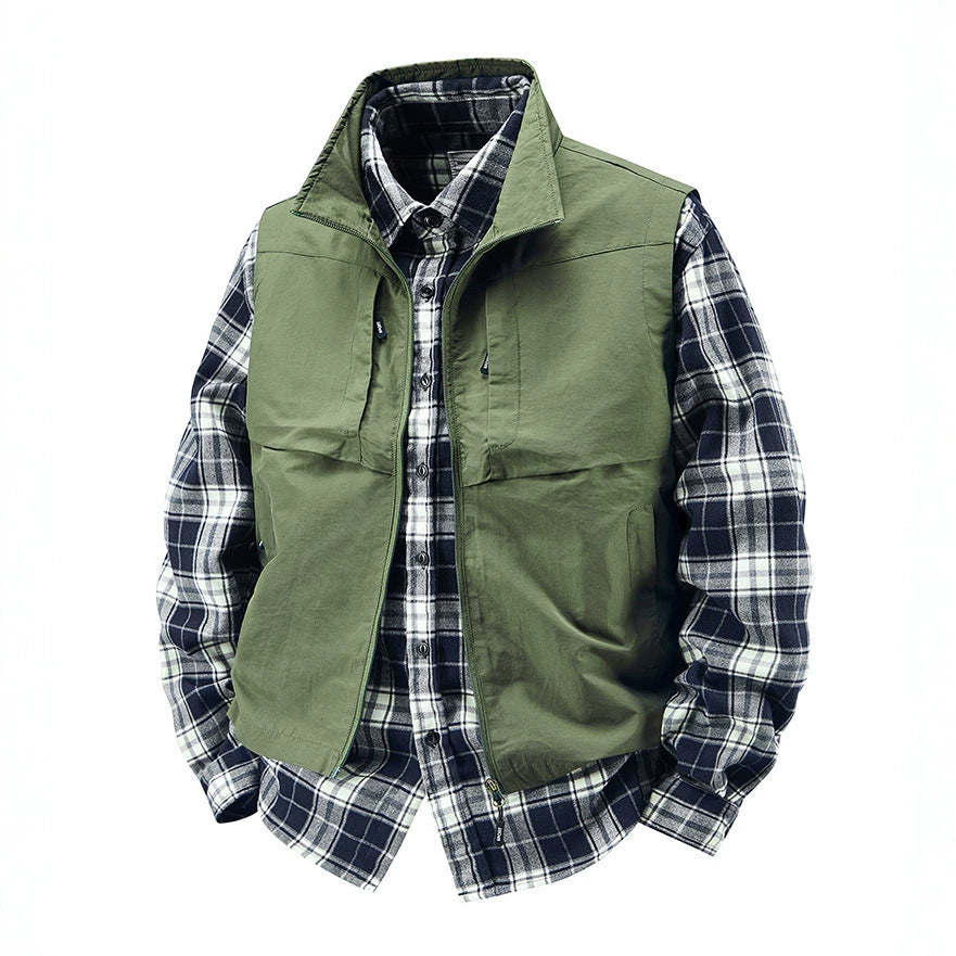 Men's Multifunctional Canvas Vest with Front and Chest Pockets and Adjustable Hem Chichicherry