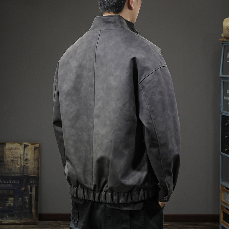 Herren Minimalistische Vintage-Kunstleder-Bomberjacke mit Stehkragen und verdeckter Druckknopfleiste Chichicherry