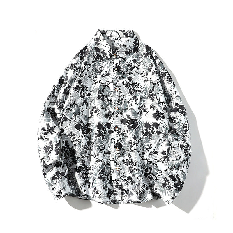 Men's Oversize Button-Up Shirt with Graphic Allover Print and Loose Relaxed Fit Chichicherry
