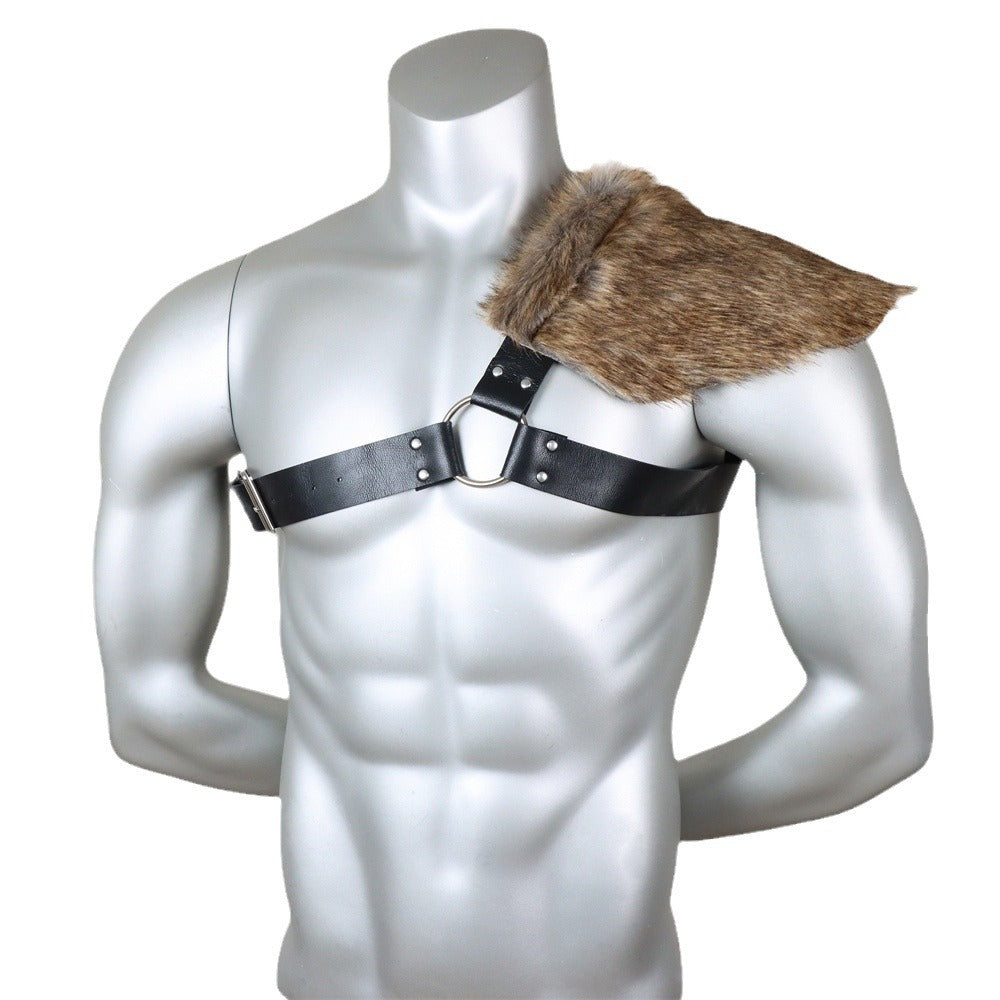 Men's asymmetrical shoulder harness with faux fur shoulder cape and adjustable leather straps Chichicherry