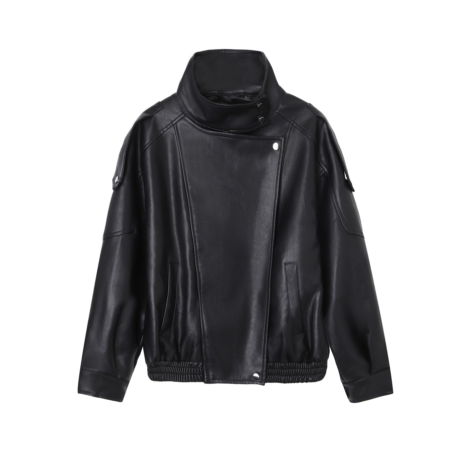 Women's Oversized Faux Leather Jacket with High Stand Collar and Asymmetric Placket Chichicherry