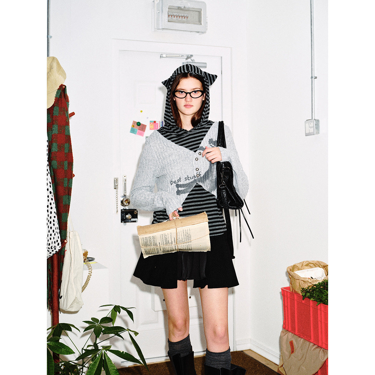 Women's Layered Look Hoodie with Striped Bottom and Short Ribbed Bolero Chichicherry