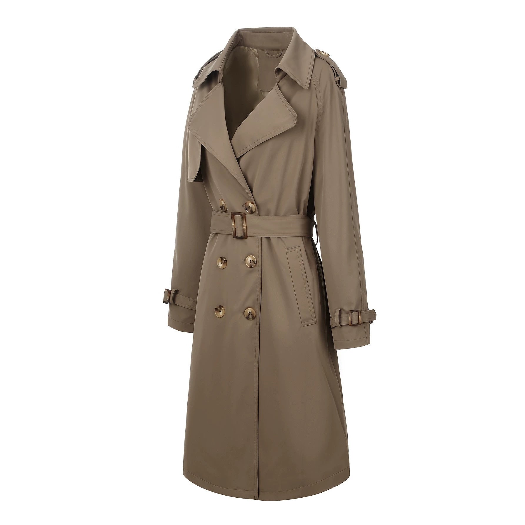 Women’s Long Double-Breasted Trench Coat with Waist Belt and Epaulettes Chichicherry