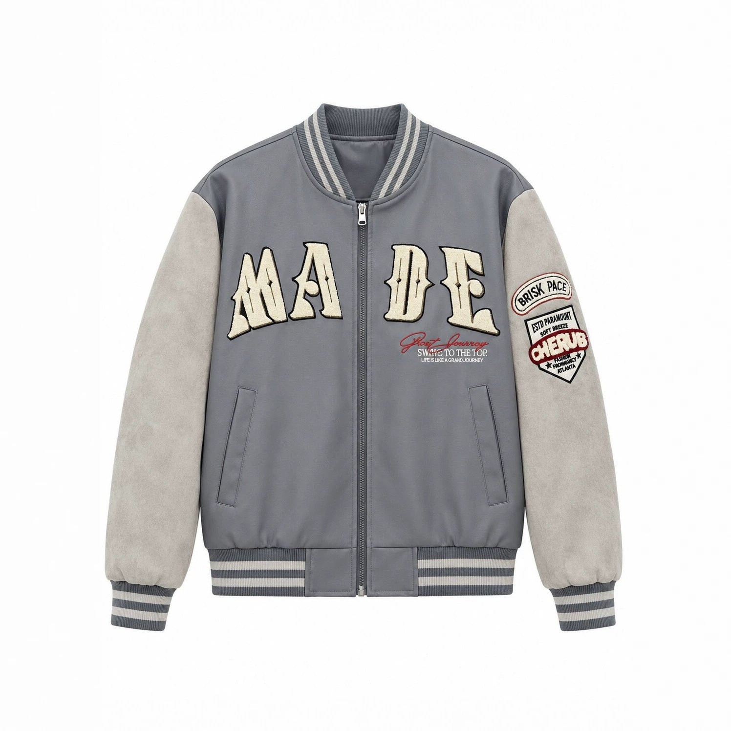 Men's college jacket in letterman style with faux leather body and velour sleeves Chichicherry