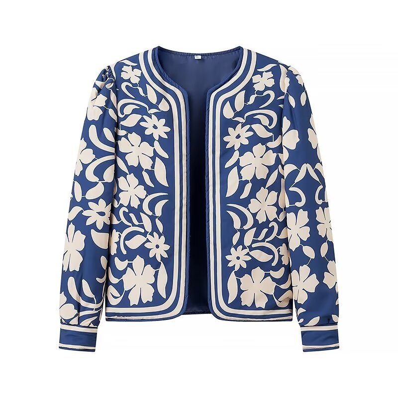 Women Open Blazer Jacket with Floral Allover Print, Round Neckline and Feminine Fit Chichicherry
