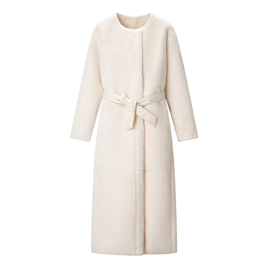 Women Maxilength Oversized Teddy Coat with Minimalist Stand Collar and Concealed Snap Button Placket Chichicherry