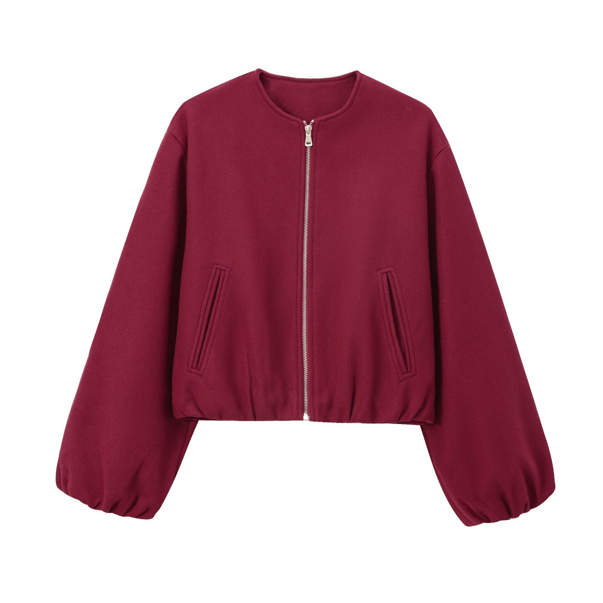 Women's Short Wool Blend Bomber with Round Neck, Zipper and Elastic Hem Chichicherry