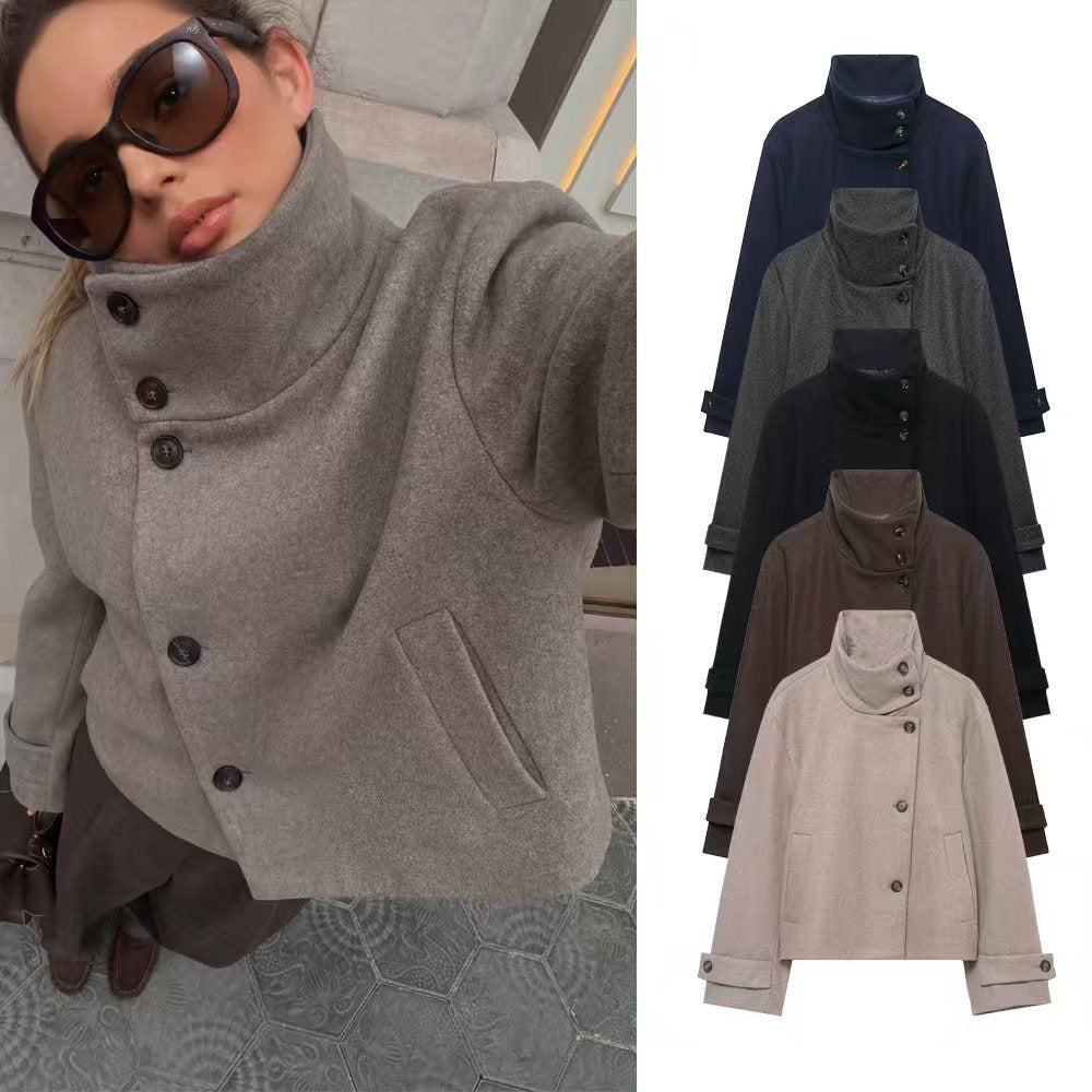 Women's Cropped Wool Blend Short Jacket with High Stand Collar, Asymmetric Button Placket and Cuffed Sleeves Chichicherry