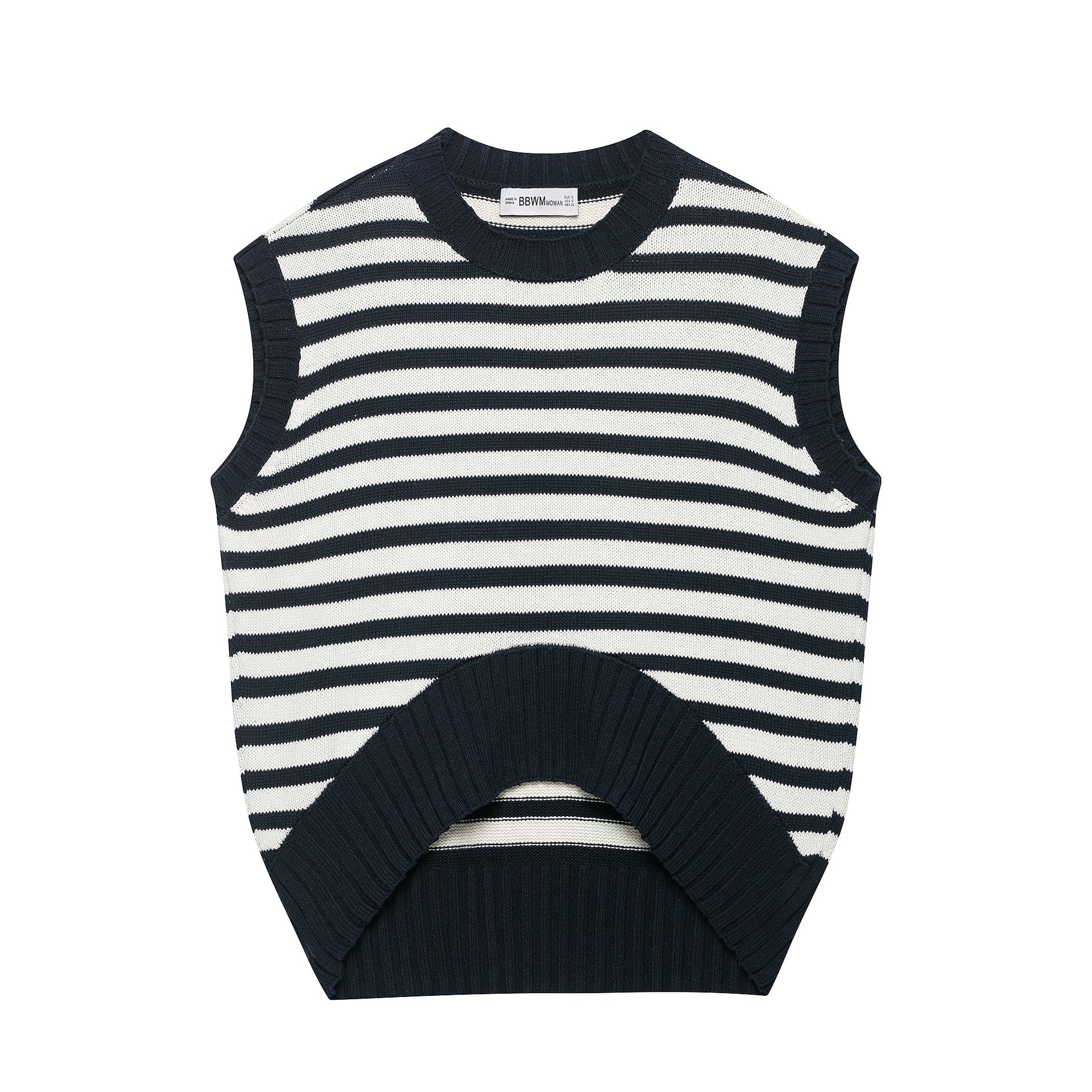 Women's Striped Knit Vest with Round Neck and Wide Ribbed Cuff Chichicherry