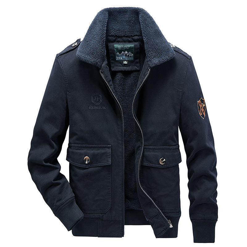 Men's short pilot-style jacket with Sherpa collar, patch pockets, and zipper Chichicherry