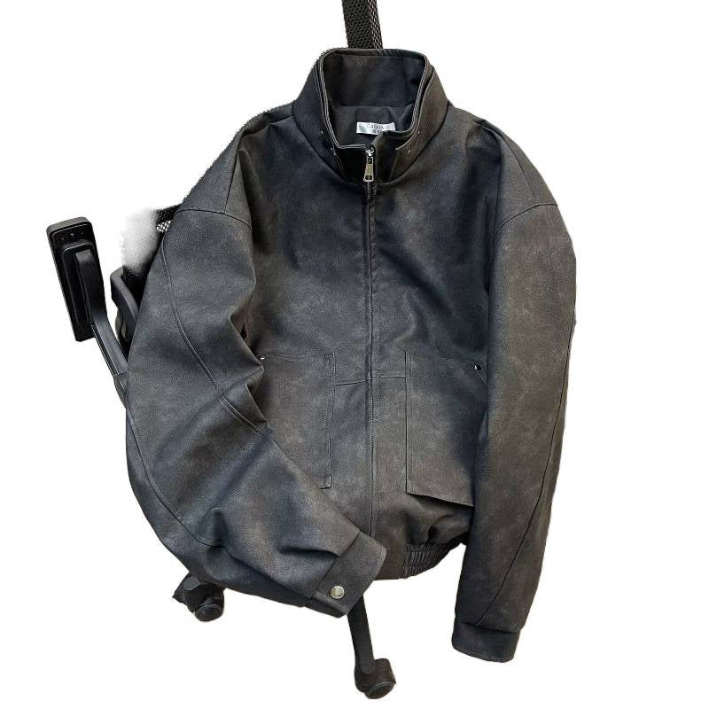 Herren kurze Stehkragenjacke aus Veloursleder-Imitat mit durchgehendem Reißverschluss Chichicherry