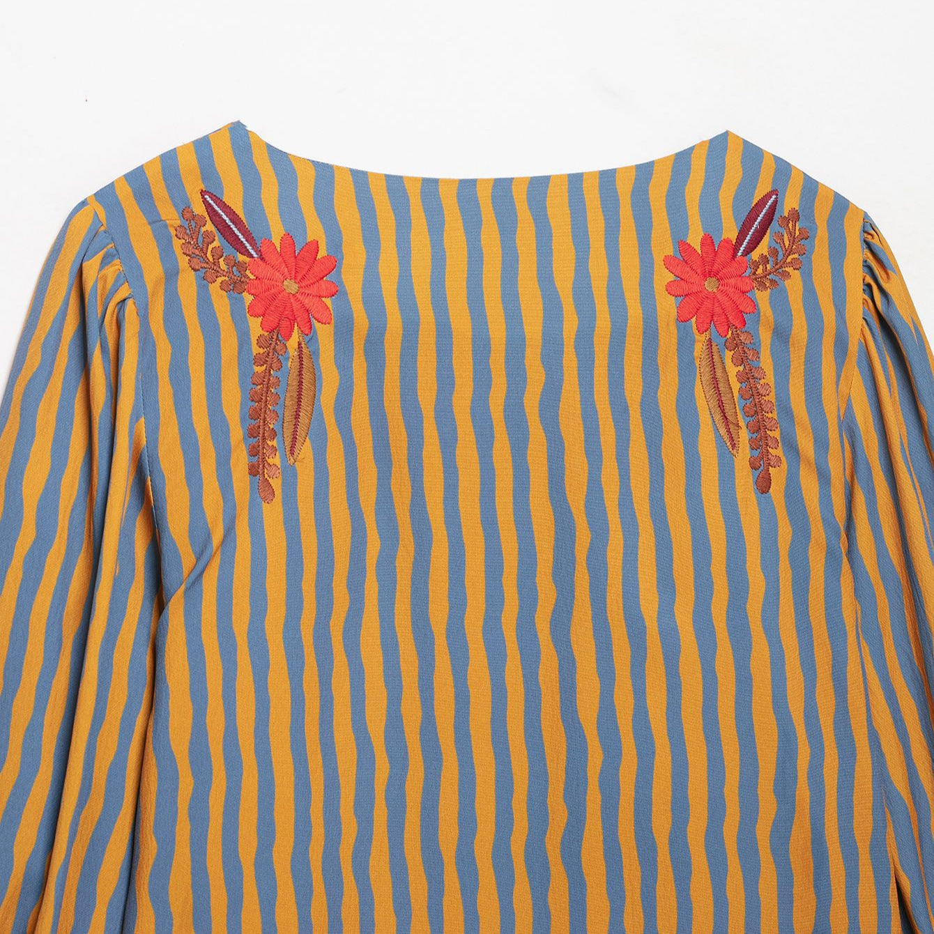 Women's Striped Cropped Blouse with Floral Embroidery Chichicherry